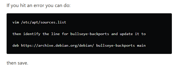 UniFi OS terminal showing Debian Bullseye backports archive fix